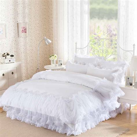 4pieces White Lace Bedspread Princess Solid Color Lacework Bedding Set King Queen Size Bed Set