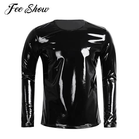 Novelty Black Men Patent Leather Long Sleeve Zipper T Shirt Nightclub