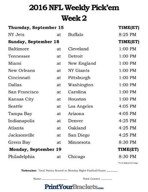 Nfl Week 2 Printable Schedule