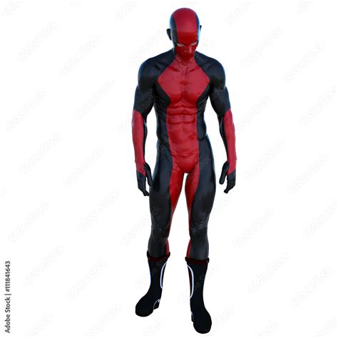 One Young Man In A Red And Black Super Suit Stands With Head Lowered