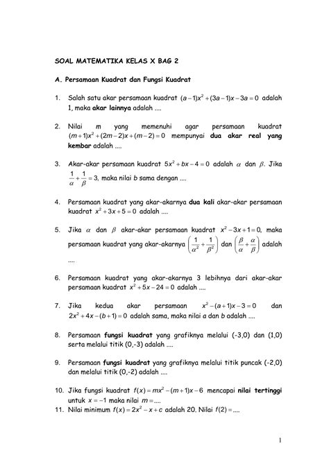 latihan soal persamaan kuadrat kelas 10 50 latihan dan kunci jawaban