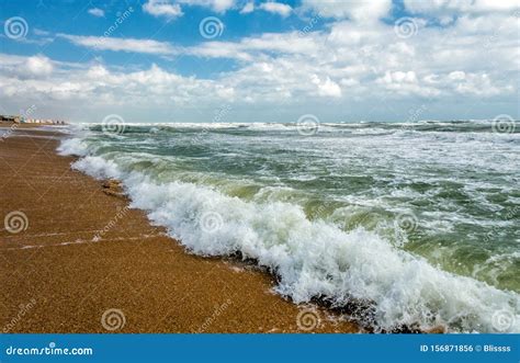 Scenic Vertical Landscape Of Sandy Black Sea Beach By Anapa Resort