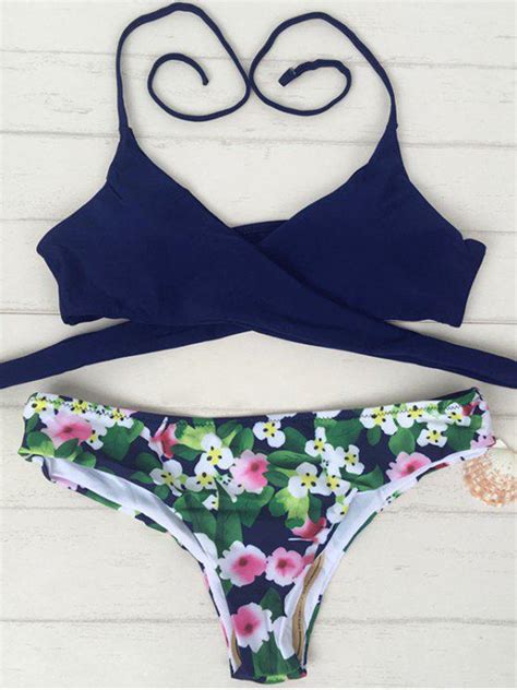 [25 off] 2021 tiny floral print halter wrap bikini set in purplish blue zaful