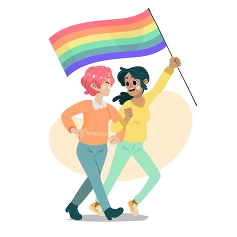 Free Vector Cute Lesbian Couple With Lgbt Flag