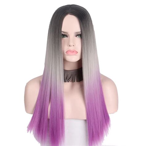 Long Straight Wigs For Women Ombre Wig Hair Black To Gray To Pink Colorful Hairs Synthetic Fiber