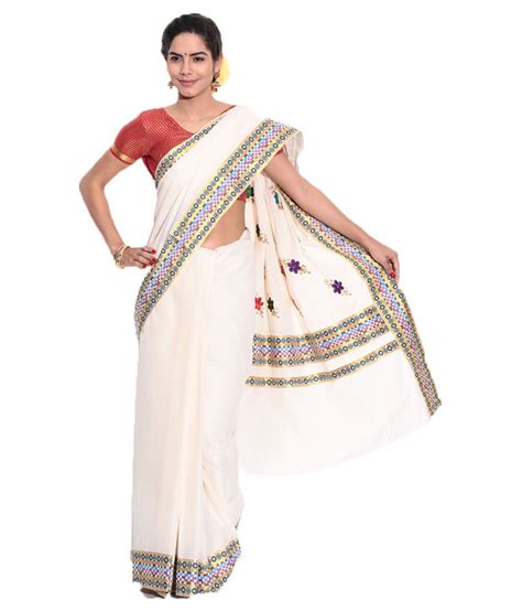 Fashion Kiosks White Kerala Kasavu Cotton Saree With Matching Blouse
