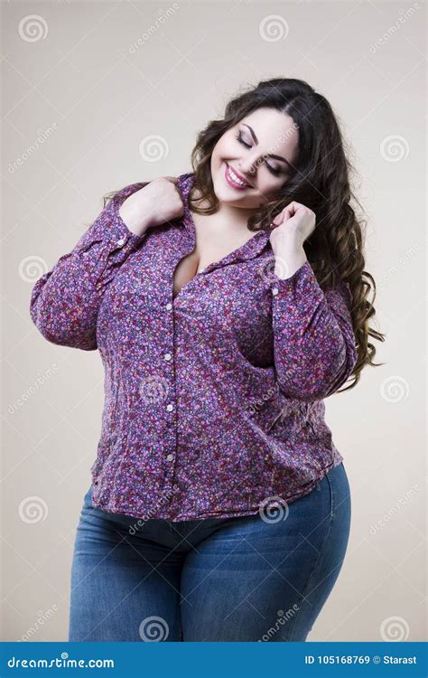 Happy Plus Size Fashion Model Fat Woman On Beige Background Stock Image Image Of Attractive