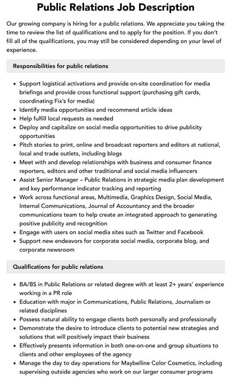 Public Relations Job Description Velvet Jobs