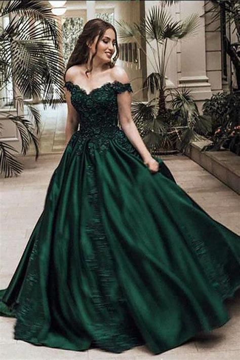 Dark Green Ball Gown Off The Shoulder Floor Length Appliques Satin Prom