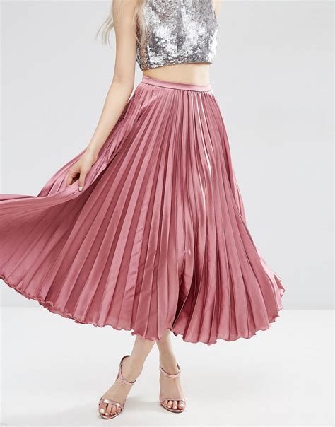 Asos Midi Skirt In Pleated Satin In Red Lyst