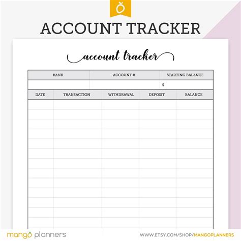Bank Account Tracker Account Register Account Tracking Bank Etsy