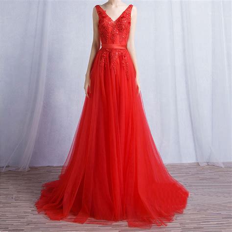 Sleeveless Red A Line Evening Dress Backless Charming Tulle Prom Dress
