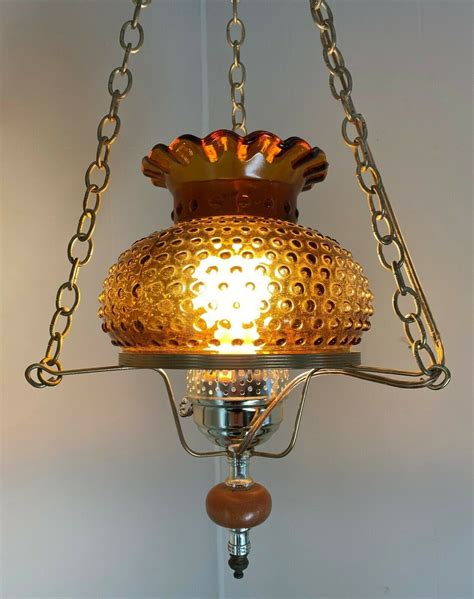 Woxxx mini globe plug in pendant light fixture, gold hanging pendant lighting plug in for kitchen island, modern ceiling light with clear glass shade swag lights with plug in cord and on/off switch. Vintage Amber Glass Hanging Swag Ceiling Light Hurricane ...