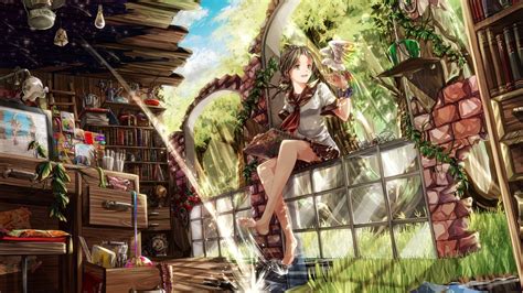 Anime Room Ruin Nature Anime Girls Books School Uniform Wallpapers