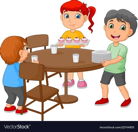 Illustration Of Cartoon Kids Setting The Dining Table By Placing