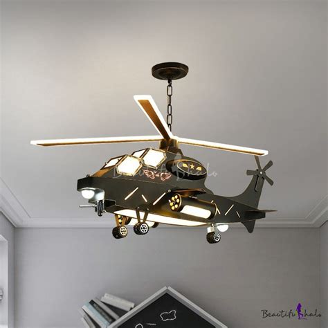 Kids Military Helicopter Pendant Light Kit Metallic Bedroom Led