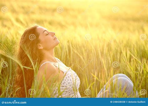 Profile Of A Woman Resting In A Field At Sunset Stock Photo Image Of