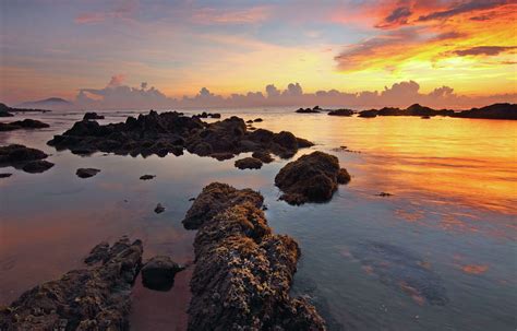 3840x1960 Beach Dawn Dusk Ocean Outdoors Rocks Scenic Sea Sky
