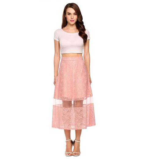 Womens A Line Elegant Skirts Lace Organza Stitching Long Skirts Pastel Pink Cr18464lg3d