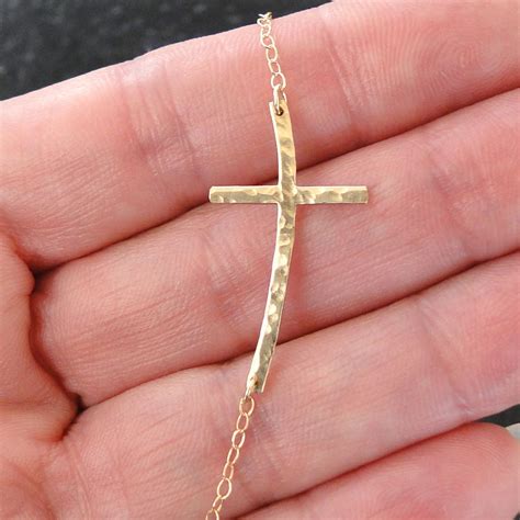 New Curved Sideways Cross Necklace 14k Gold Filled Long And Sleek