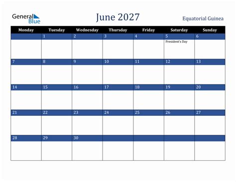 June 2027 Equatorial Guinea Holiday Calendar
