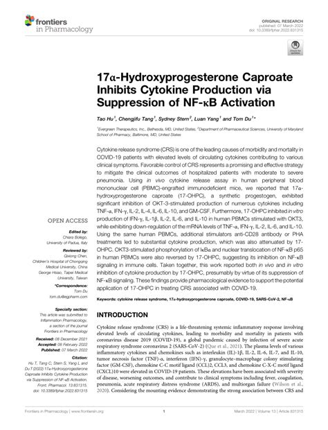 pdf 17α hydroxyprogesterone caproate inhibits cytokine production via suppression of nf κb