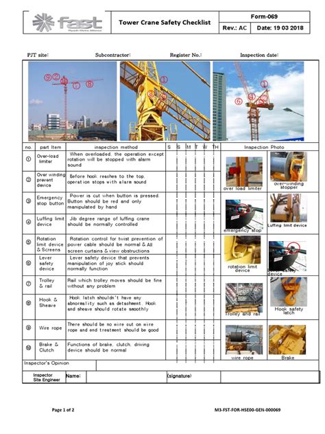 Form 069 Tower Crane Safety Checklist Pdf Crane Machine Equipment