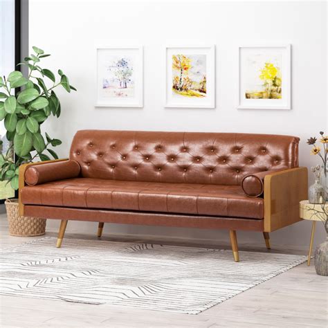 Barnard Mid Century Modern Tufted Sofa With Rolled Accent Pillows