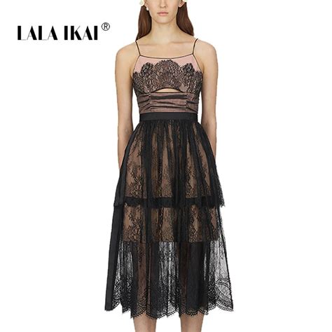 Lala Ikai Brand Lace Summer Women Dress Tiered Solid Slash Neck Hollow Out Dresses Sleeveless