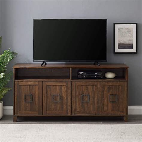 Modern Farmhouse Squared Wood Tv Stand With Cabinet Doors Living Room Storage Shelves
