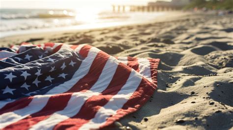 American Flag On Beach Sunset At Beach Flag On Sand Patriotic Beach
