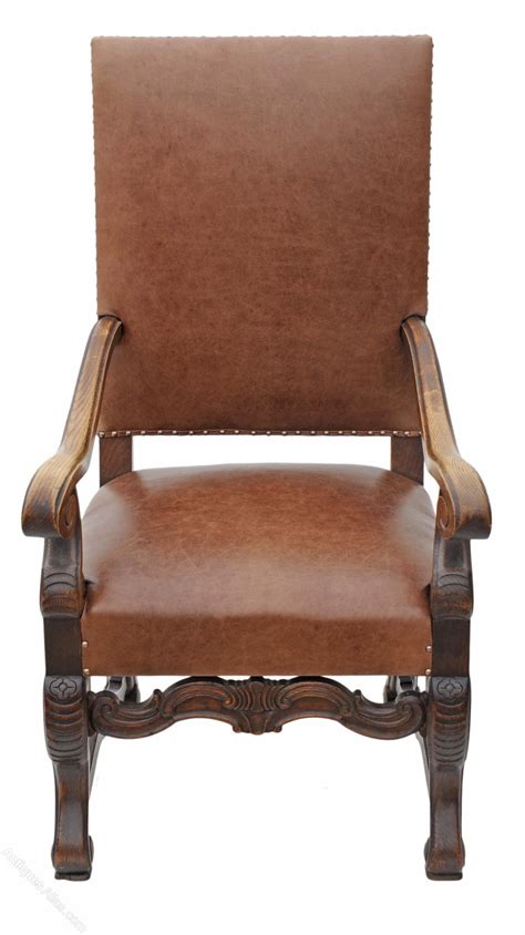 Battered french antique leather club chair; Carved Oak Leather Armchair Throne Side Hall Chair ...