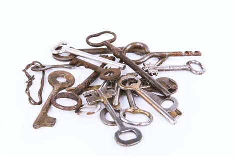 Collection Of Ancient Keys Isolated On White Background Stock Photo