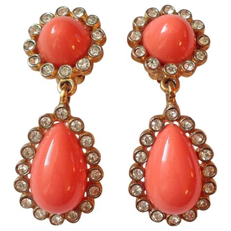 1960s Kenneth Jay Lane Faux Coral And Rhinestone Earrings