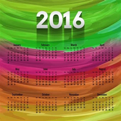Free Vector Colorful 2016 Calendar In Hand Painted Style