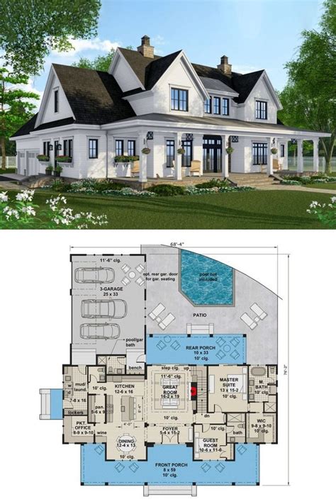 Two Story House Plans With An Open Floor Plan And A Pool In The Middle