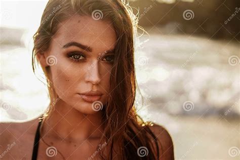Beauty Portrait Of Girl On The Beach Posing During Sunset Time Beautiful Model Woman Stock