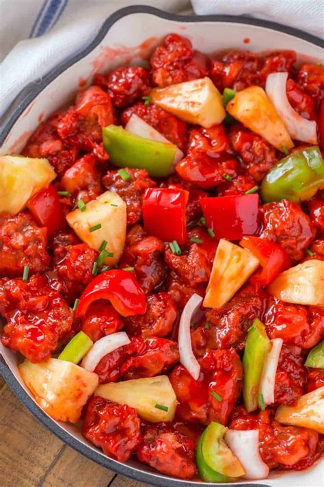 Pour over chicken, meatballs, smoked sausage, veggies, etc. Sweet and Sour Pork - Dinner, then Dessert