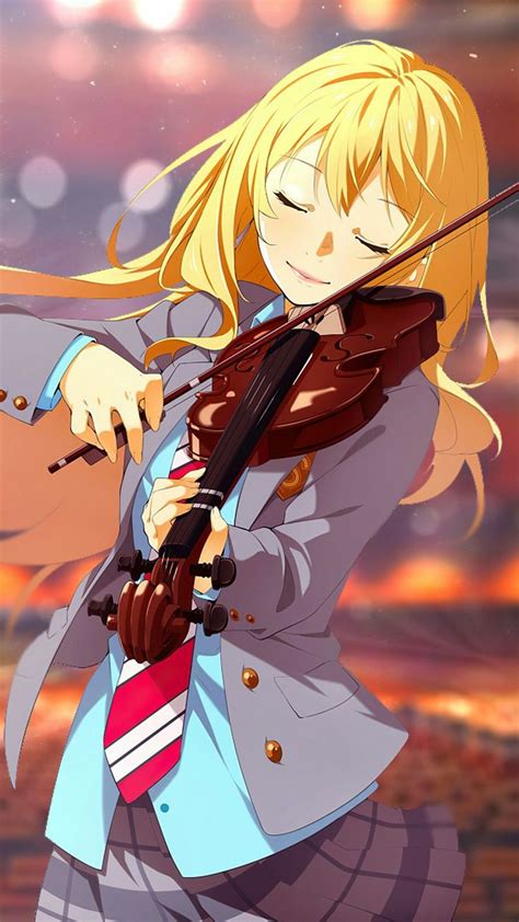 An Anime Girl With Long Blonde Hair Holding A Violin