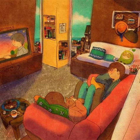A Painting Of A Person Laying On A Couch Watching Tv