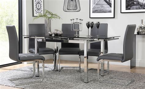 Rated 4 out of 5 stars. Space Chrome & Black Glass Extending Dining Table with 4 Perth Grey Leather Chairs | Furniture ...