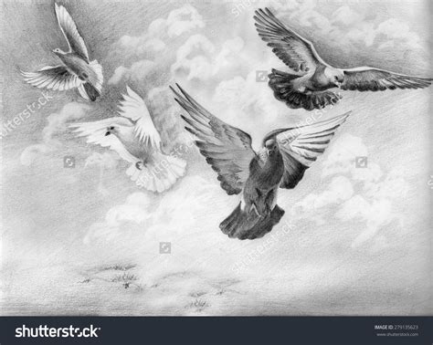 Four White Doves Fly Up From Ground To Sky With Clouds Concept Of