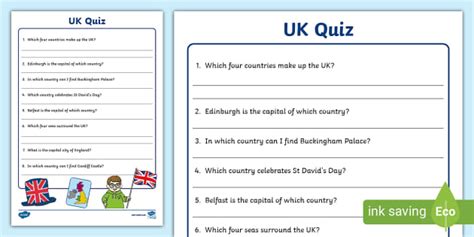 The United Kingdom Quiz Activityuk Quiz Twinkl