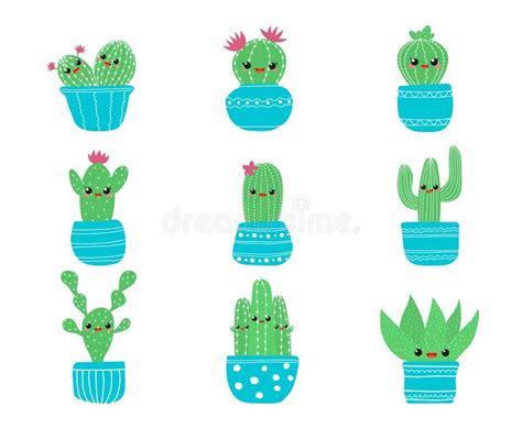 Hand Drawn Cacti Set Cute Succulent Character Vector Flat