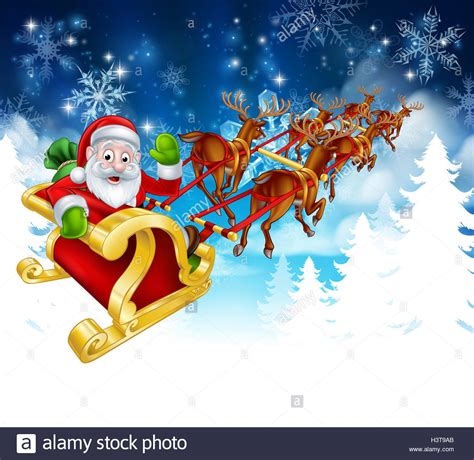 Winter Christmas Scene Of Cartoon Santa In His Reindeer