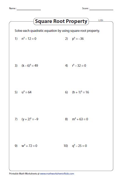Square root worksheet solutions 1 4. Quadratic Equation Worksheets