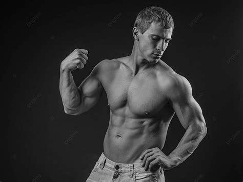 Perfectly Fit Shirtless Young Man Bodybuilder Heavy Masculinity Photo