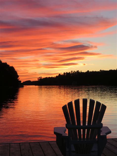Sunset Cottage Lake Sunrise Dock Muskoka Chair Ontario Relax Photograph
