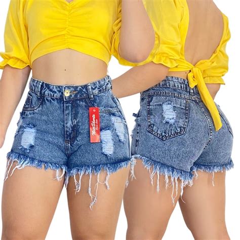 Short Jeans Feminino Cintura Alta Bermuda C S Alto Desfiado Shopee Brasil