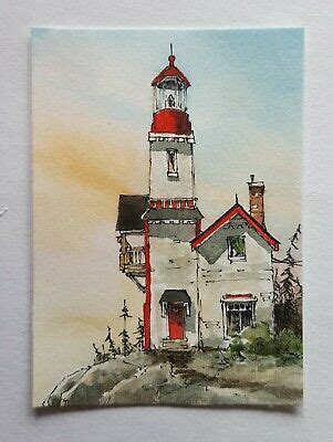 Lighthouse ACEO 2 5 X3 5 Original Watercolor Peter Sheeler Sunset